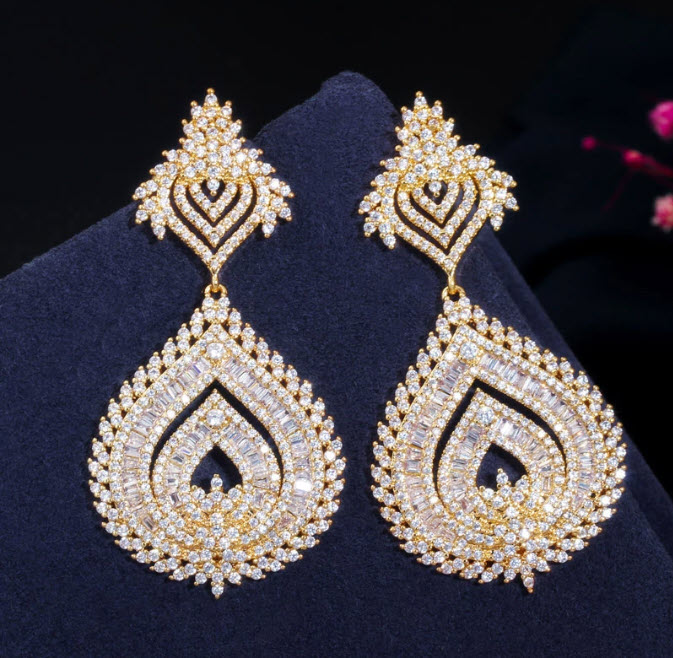 DTribals Luxury 585 Gold Color Cubic Zirconia Big Long Wedding Party Women Dress  Earrings Indian Jewellery