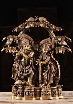 Brass Krishna Statue Playing the Flute Under a Mango Tree to His Beloved Radha 3o inches