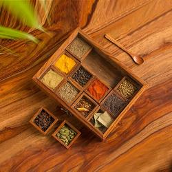 DTribals Twelve Blends Wooden Spice Box with 12 Containers & Spoon in Wood